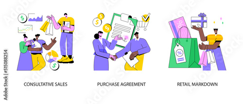 Marketing and promotion abstract concept vector illustration set. Consultative sales, purchase agreement, retail markdown, terms and conditions, product price, b2b selling, discount abstract metaphor.