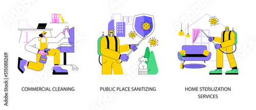 Covid19 virus spread control abstract concept vector illustration set. Commercial cleaning, public place sanitizing, home sterilization services, personal hygiene, office cleanup abstract metaphor.