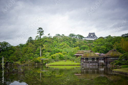 庭園から古城を望む風景。日本庭園。彦根城と玄宮園。