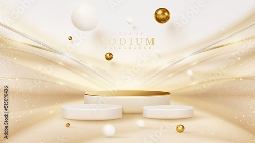 Product display podium with golden curve line element and ball decoration and glitter light effect.