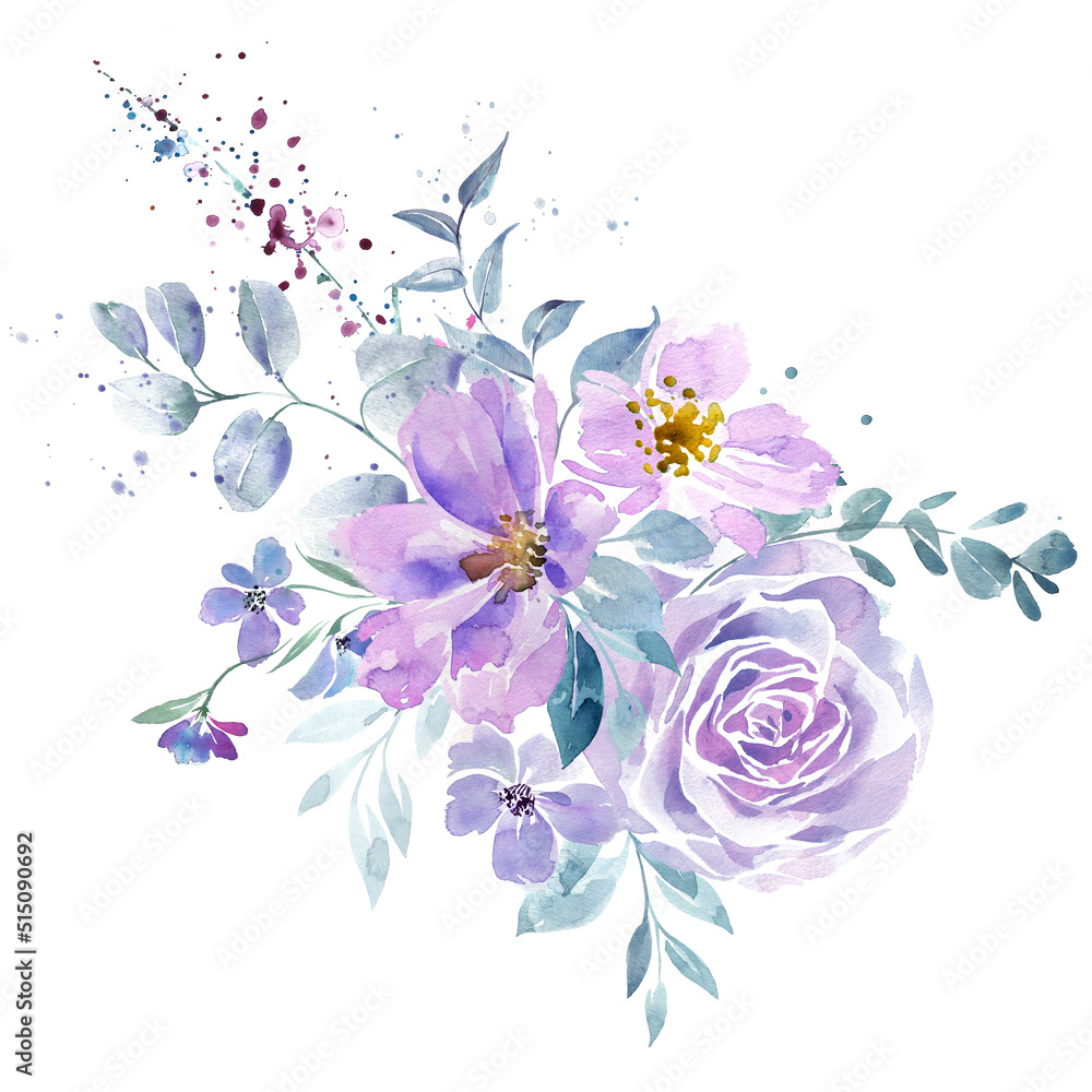 Very peri bouquet. Purple flowers composition. Wedding invitation template, postcard or print.