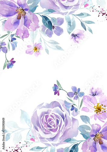 Fototapeta Naklejka Na Ścianę i Meble -  Violet garden flowers template. Watercolor lilac roses and anemones background. Wedding invitation, postcard, poster retro design.