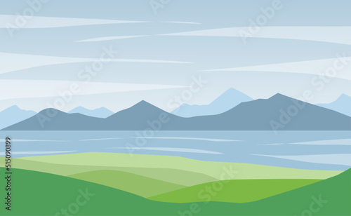 Vector illustration  Landscape with lake or bay and mountains on horizon