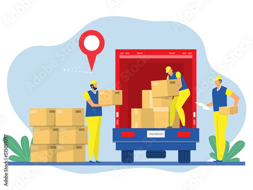  Worker Carrying Boxes on Truck Delivering.  Boxes with Goods. Design element on the subject of delivery and moving illustrator