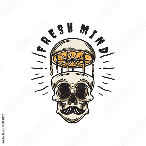 vintage illustration of a split skull with a head of an orange fruit