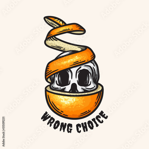 vintage illustration of a skull inside a peeled orange