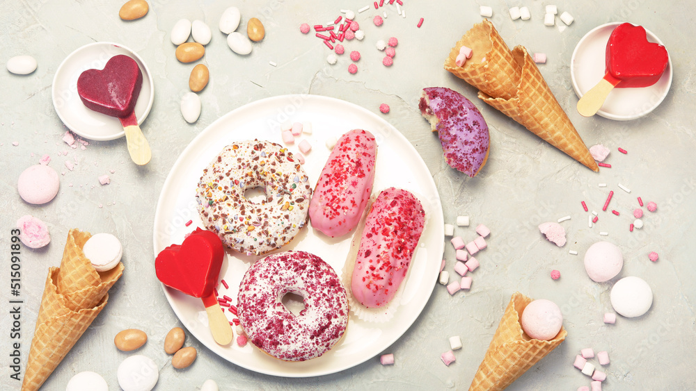 Fototapeta premium Differen type of ice-cream on gray background.