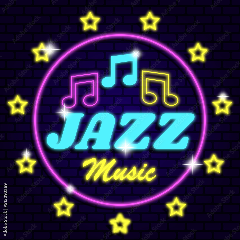 jazz music night neon signs style glow effect logo typography lettering background vector illustration