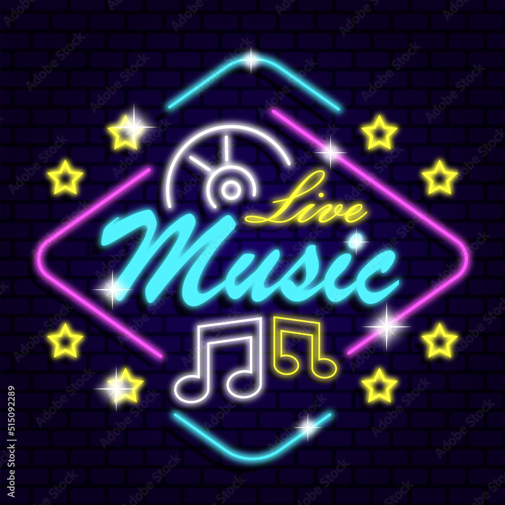 live music night neon signs style glow effect logo typography lettering background vector illustration