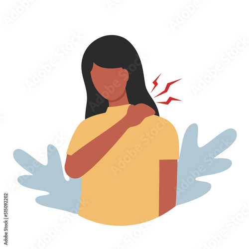Black woman has neck and shoulder pain symptom in flat design on white background. Bone or muscle problem. Office syndrome.