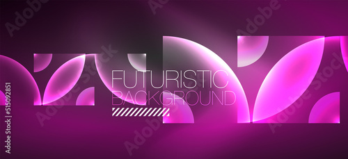 Shiny neon geometric abstract background. Glowing lights on round shapes, triangles and circles. Wallpaper for concept of AI technology, blockchain, communication, 5G, science, business