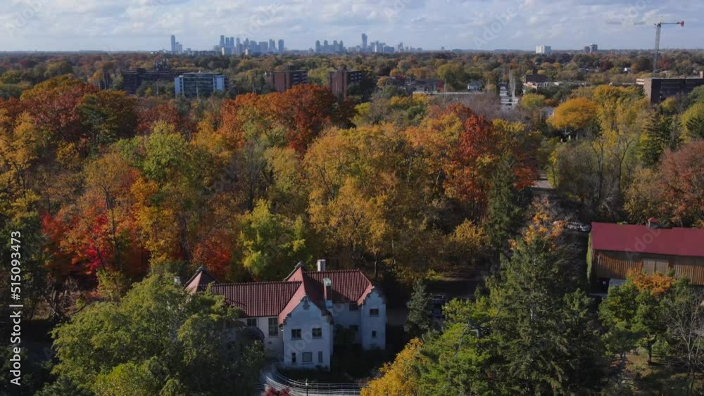 4k Aerial Drone of skyline city center background and residential home foreground in autumns in MISSISSAUGA, ONTARIO, CANADA 4k Aerial Drone of skyline city center background and residential home foreground in autumns in MISSISSAUGA, ONTARIO, CANADA