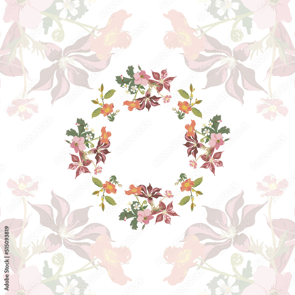 Floral pattern from different flowers in bouquets on a white background with leaves - vector illustration in a square for the design of photo frames, tablecloths, napkins, hijab, scarf.