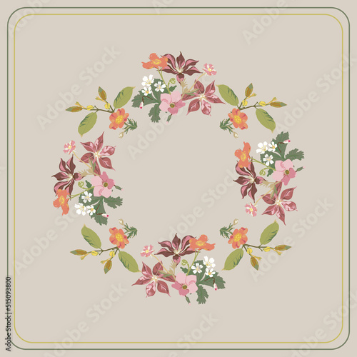 Floral pattern from different flowers in bouquets on a brown background with leaves - vector illustration in a square for the design of a shawl, hijab, scarf