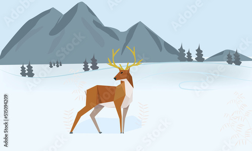 Low poly of a young deer standing on the snow against a high mountain. Vector of wild animal on ice and hill. Illustration of a deer walking on the snow. Polygonal Christmas deer and christmas tree. 