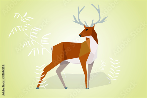 Low poly of a beautiful young deer standing on the grassland isolated. Vector of polygonal christmas deer. Illustration of wild animal flat design. 