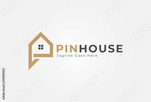 Pin House Logo. minimalist building and pin combination. suitable for Architecture Building apps and company logos design, vector illustration