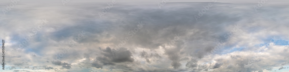 Sky panorama before rain with heavy Cumulonimbus clouds. Hdr seamless spherical equirectangular 360 panorama. Sky dome or zenith for 3D visualization and sky replacement for aerial drone 360 panoramas