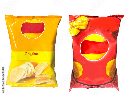 Potato sachets, yellow and red isolated on white background with copy and create space