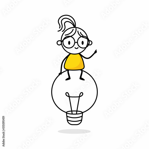 Illustration of a woman sitting on top of a big light bulb. Creativity and idea concept. Hand drawn doodle stickman isolated on white background. Vector stock illustration