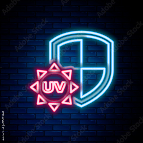 Glowing neon line UV protection icon isolated on brick wall background. Sun and shield. Ultra violet rays radiation. SPF sun sign. Colorful outline concept. Vector