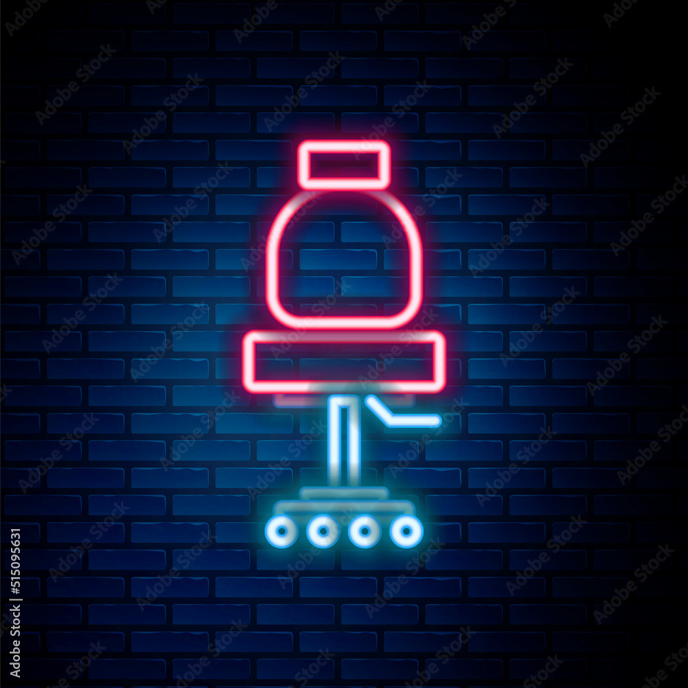 Glowing neon line Office chair icon isolated on brick wall background. Colorful outline concept. Vector