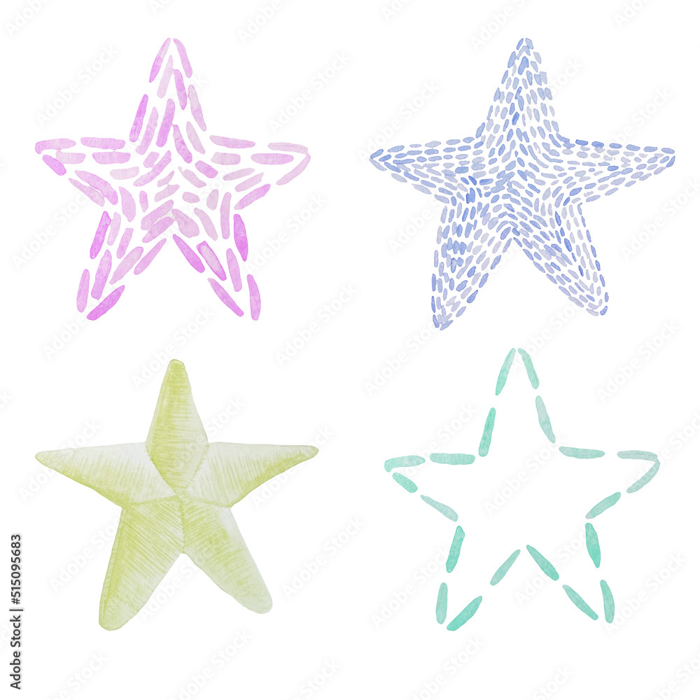 Watercolor colorful embroidery stars. Stars illustration symbols with machine embroidered texture background, stitch effect Illustration.