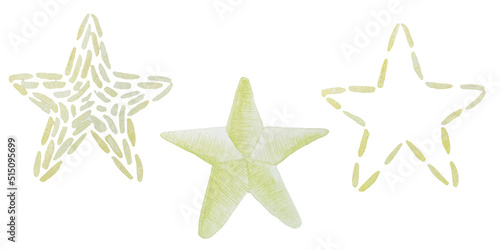 Watercolor yellow embroidery stars. Stars illustration symbols with machine embroidered texture background, stitch effect Illustration.