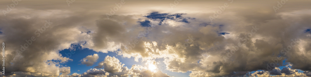 Dark blue sunset sky panorama with Cumulus clouds. Seamless hdr pano in spherical equirectangular format. Complete zenith for 3D visualization, game and sky replacement for aerial drone 360 panoramas. Dark blue sunset sky panorama with Cumulus clouds. Seamless hdr pano in spherical equirectangular format. Complete zenith for 3D visualization, game and sky replacement for aerial drone 360 panoramas.