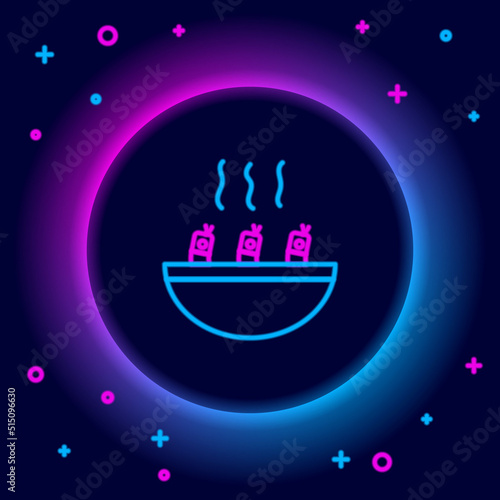 Glowing neon line Soup with shrimps icon isolated on black background. Tom yum kung soup. Colorful outline concept. Vector