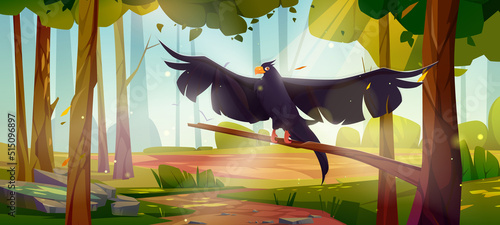 Black eagle, falcon or hawk sit on tree branch over summer forest landscape with green trees, bushes and grass. Wild bird on beautiful nature background, fairy tale scene, Cartoon vector illustration