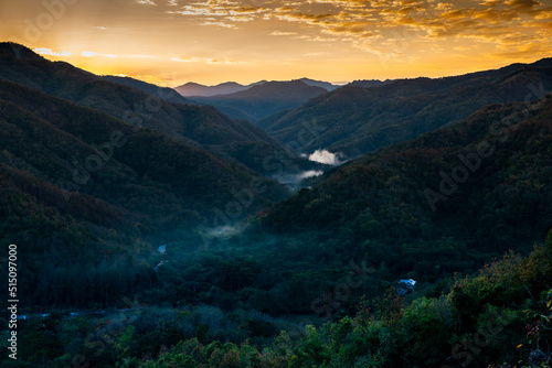 Mountain view in the early morning while sunrise at Wat Phra That Doi Leng viewpoint