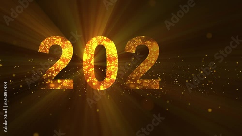 Golden 2023 new year greeting text with slow motion particles and sparks on beautiful typographic magic design background, Concept merry christmas and happy new year photo