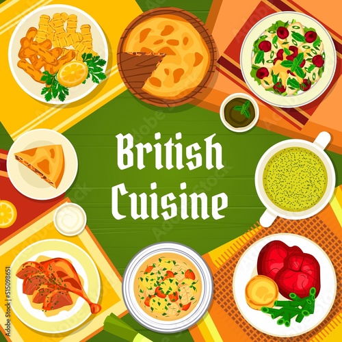 British cuisine menu cover. Duck with mint sauce, roast beef with yorkshire pudding and shepherd soup with lamb, fish and chips, sorrel cream soup and kidney pie with steak, chicken cherry salad