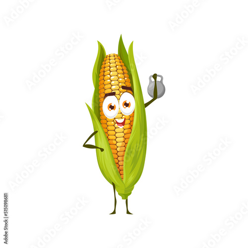 Cartoon corn cob vegetable vector character, funny sportsman mascot workout with dumbbell. Healthy food, sport exercises, sports lifestyle, organic nutrition, gym training isolated on white
