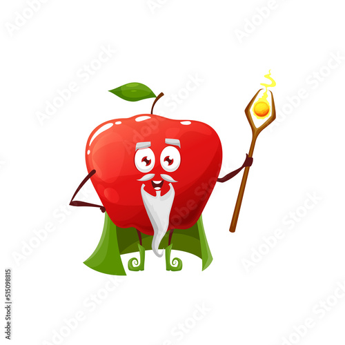 Cartoon red apple fruit wizard or magician character. Vector necromancer personage with magic staff. Funny wiz in green cape with white beard on smiling face. Cute sorcerer garden fruit, healthy food