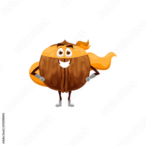 Walnut in shell, whole fruit with kernel superhero in face mask and cape isolated happy emoticon cartoon character. Vector brown nut, vegetarian snack, kids children superfood comic hero with arms