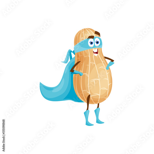 Peanut emoji emoticon isolated gout nut comic cartoon character superhero. Vector vegetarian food superfood smiling hero in face mask and cape, monkey nut or goober, peanut oil ingredient