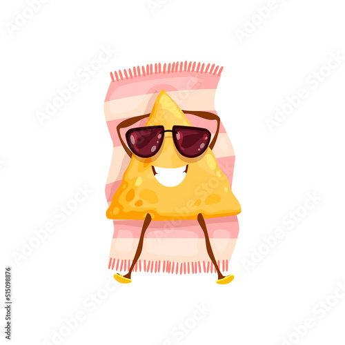 Cartoon emoticon mexican nachos sunbathing on towel in sunglasses isolated cute character. Vector funny triangle chips fastfood snack resting on beach, cute tacos summer vacation holidays