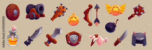 Military old game icons cartoon vector set. Isolated war weapon collection, cannon and cannonball, wooden bow and arrow, sword, shield, spiked mace, horned helmet, white flag, glass incendiary bomb