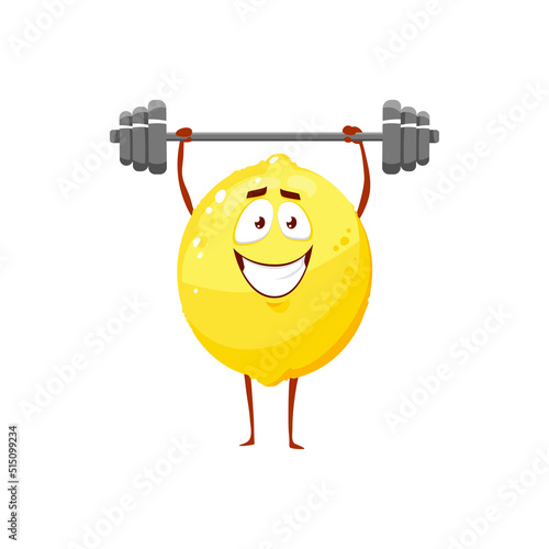 Cartoon lemon workout with barbell, fruit sportsman vector icon, funny character sport exercises with weight isolated on white background. Healthy food, sports lifestyle, organic nutrition symbol