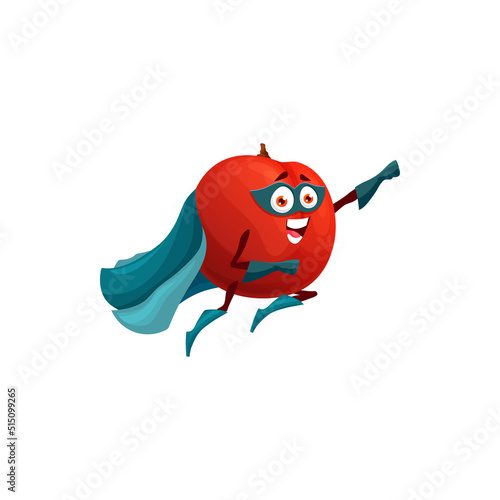 Flying plum fruit cartoon superhero character, isolated vector super hero personage in cape, boots, gloves and mask fly with raised arm. Funny fairytale healthy food, smiling plant with big eyes