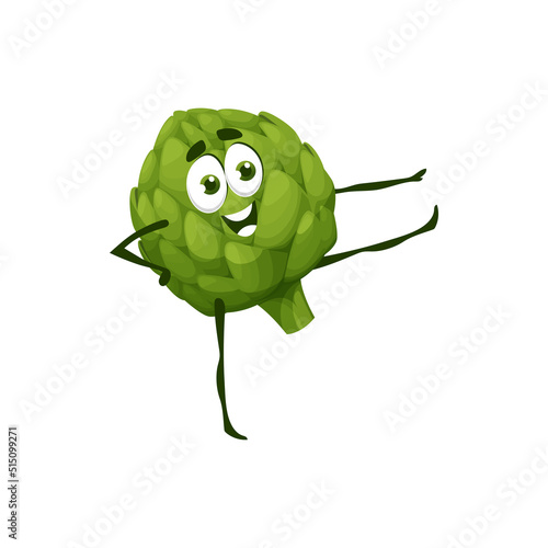 Cartoon artichoke vegetable vector character, veggie food personage. Funny cute artichoke smiling, organic natural food and vitamin veggie on sport or fitness