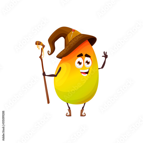 Cartoon mango fruit wizard or magician character. Funny vector magic personage in hat with wooden staff. Smiling wiz or sorcerer with cute face, tropical fruit enchanter, isolated necromancer
