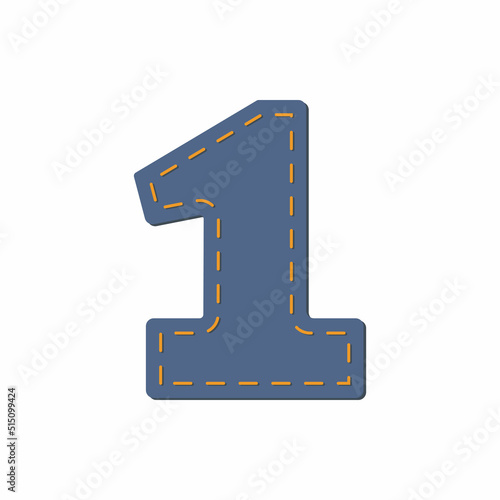 Denim number 1 stitched with orange thread. Design element. Vector illustration.