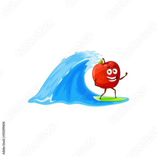 Cartoon apple surfing isolated summer fruit character on rest. Vector funny red apple on surf board, summertime vacation holiday of tropical exotic fruit, travel and leisure outdoors, juicy character