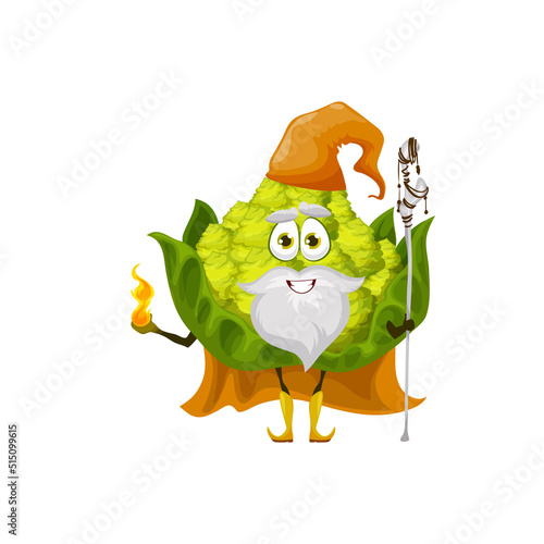 Vegetable magician romanesco cauliflower witch, wizard fairy cartoon character with stick, in fairy cap and cape isolated. Vector veggie with magic wand and fire in hands, funny magic kids foot