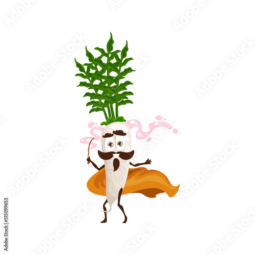 Daikon vegetable wizard with magic wand in cape isolated cartoon character. Vector funny veggie with beard and mustaches on face, smiling emoticon fairy sorcerer, kids children farm garden food