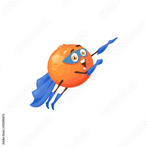 Flying cartoon orange fruit, superhero character, vector food. Orange fruit in super hero blue costume and mask flying with energy power, organic natural food and vitamins superpower