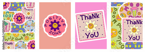 Rave trippy poster set with patches, smile, sticker. Modern retro abstract design. Abstract trippy psychedelic smile pattern.  70s, hippie. Rave psychedelic acid sticker poster. Vector illustration.